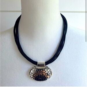 Black Corded Statement Necklace Textured Silver Drop Pendant Goth Western Grunge